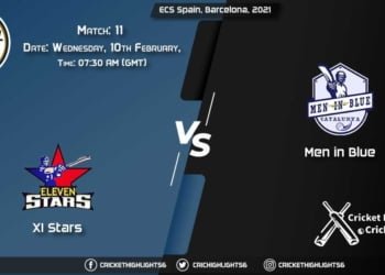 XI-Stars-vs-Men-in-Blue,-Match-11,-February-10,-2021-Live-Cricket-Score,-ECS-Spain,-Barcelona,-2021