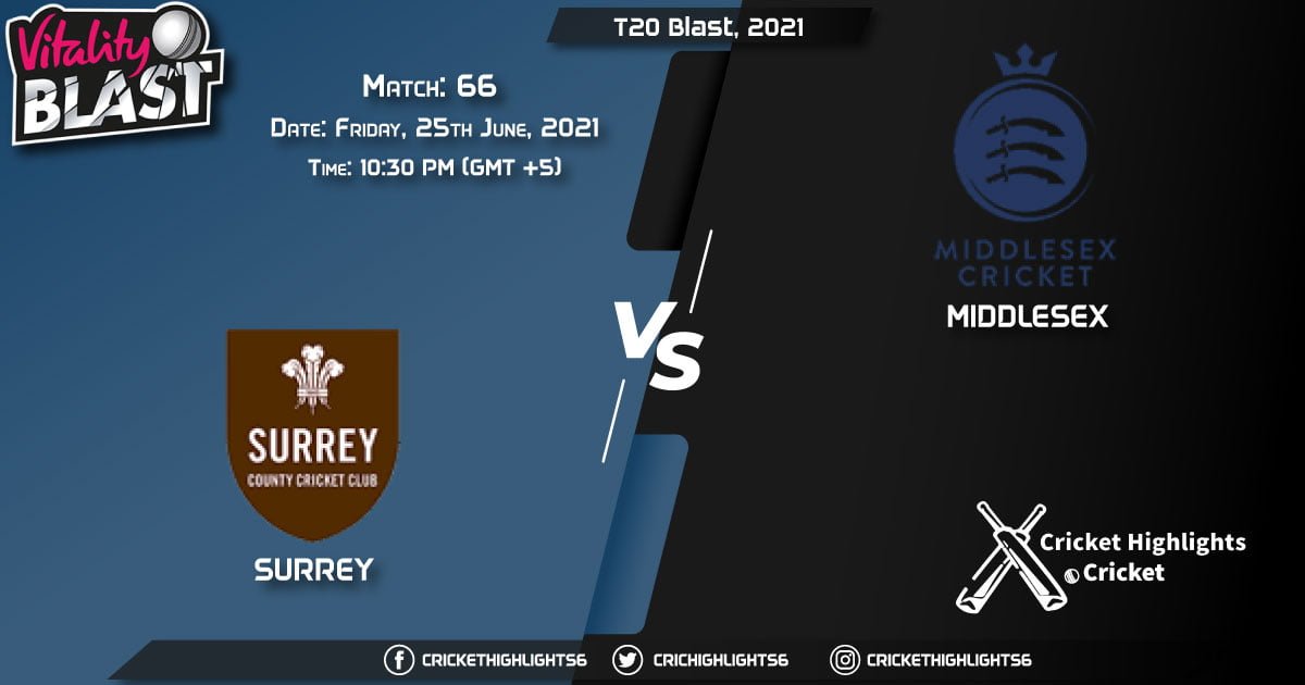 SUR vs MID, Live Scorecard, Match 66, June 25, 2021, Live Cricket Score, T20 Blast, 2021