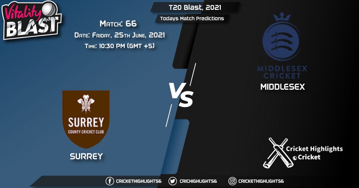 T20 Blast, 2021, Match 66 SUR vs MID, Playing 11 & Today's Match Predictions