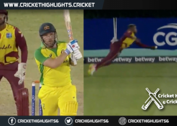 Fabian Allen scored a one-handed boundary hit in West Indies' 16-run win over Australia.
