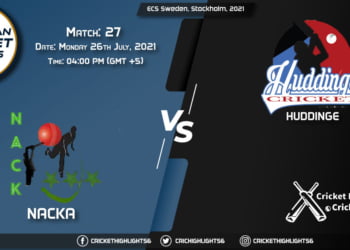 NAC vs HUD, Live Scorecard, Match 27, July 26, 2021, Live Cricket Score, ECS Sweden, Stockholm, 2021