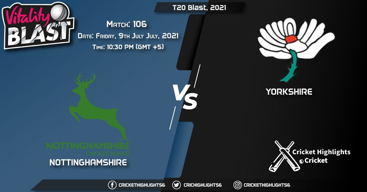 NOT vs YOR, Live Scorecard, Match 106, July 9, 2021, Live Cricket Score, T20 Blast, 2021