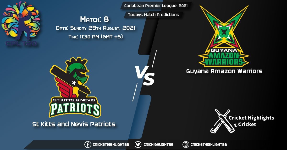 Caribbean Premier League, 2021, Match 8 SKN vs GUY, Playing 11 & Today's Match Predictions