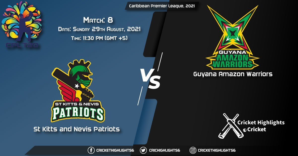 SKN vs GUY Live Score Match 8, Playing 11 Live Match Today, August 29, 2021, Caribbean Premier League, 2021
