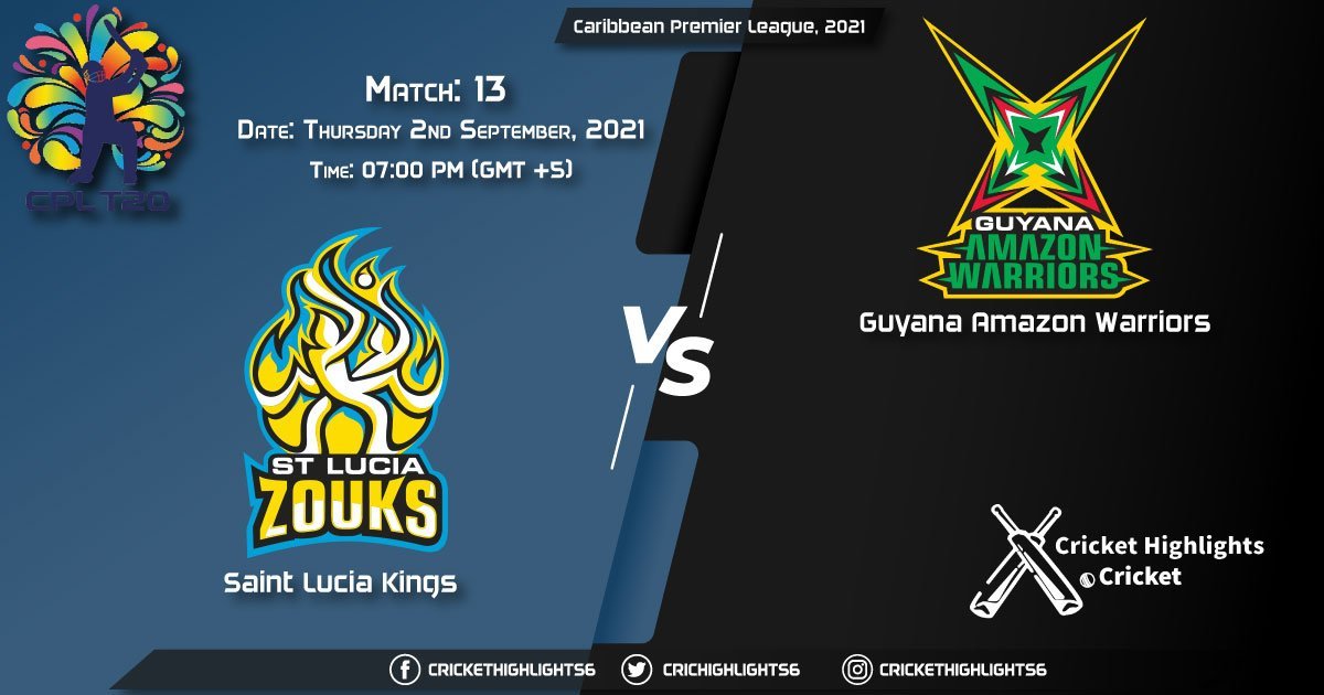 SLK vs GUY Live Score Match 13, Playing 11 Live Match Today, September 2, 2021, Caribbean Premier League, 2021