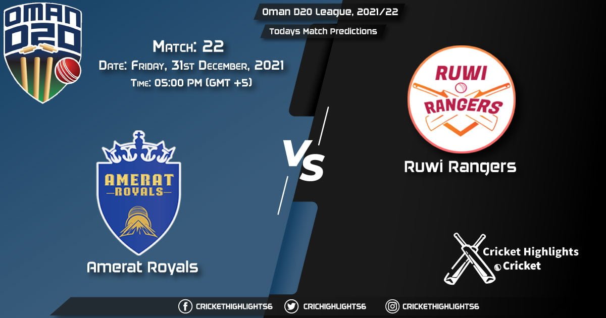 Oman D20 League, 202122, Match 22 AMR vs RUR, Playing 11 & Today's Match Predictions