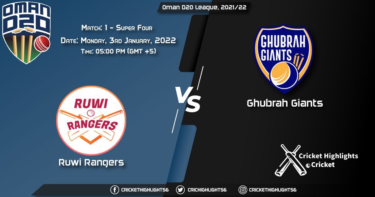 RUR vs GGI Live Score Match 1 - Super Four Playing 11 Live Match Today, January 3, 2022, Oman D20 League, 202122